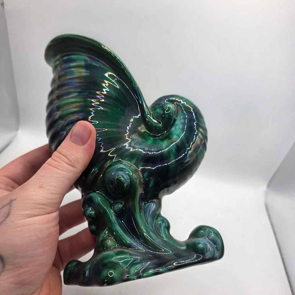 Vintage Iridescent Green Nautilus Shell Vase Ceramic Luster Coastal Art Pottery